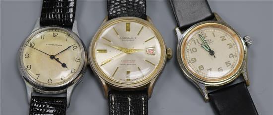 Three gentlemans assorted stainless steel wrist watches, including Longines and Roamer.